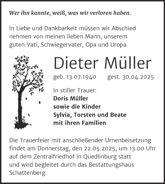 Traueranzeige von Dieter Müller von Trauerkombi Quedlinburg