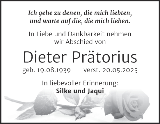 Traueranzeige von Dieter Prätorius von Trauerkombi Weißenfels