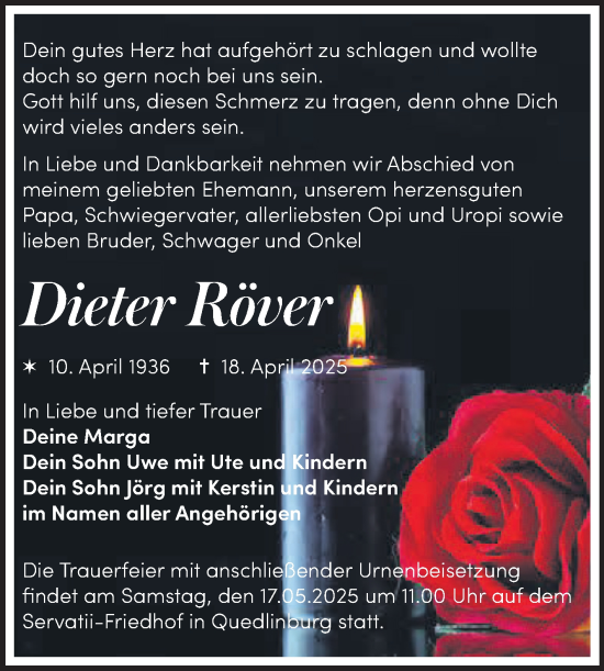 Traueranzeige von Dieter Röver von Trauerkombi Quedlinburg