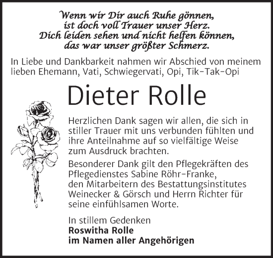 Traueranzeige von Dieter Rolle von Trauerkombi Bernburg