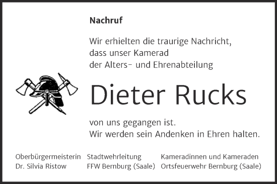 Traueranzeige von Dieter Rucks von Super Sonntag Bernburg