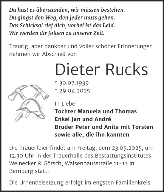 Traueranzeige von Dieter Rucks von Trauerkombi Bernburg
