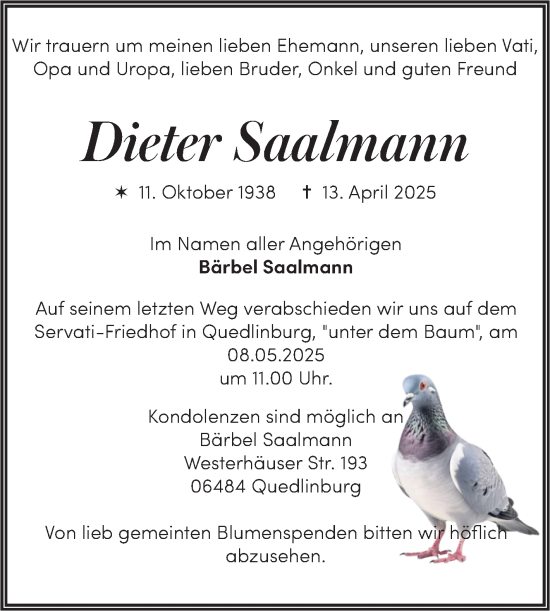 Traueranzeige von Dieter Saalmann von Trauerkombi Quedlinburg