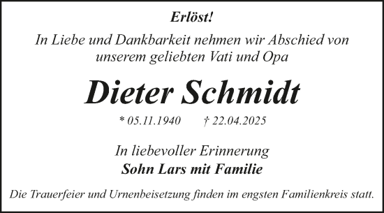 Traueranzeige von Dieter Schmidt von Trauerkombi Dessau