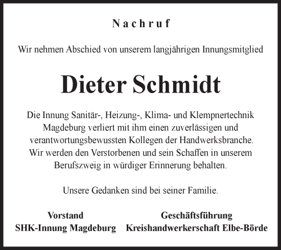 Traueranzeige von Dieter Schmidt von Volksstimme Magdeburg