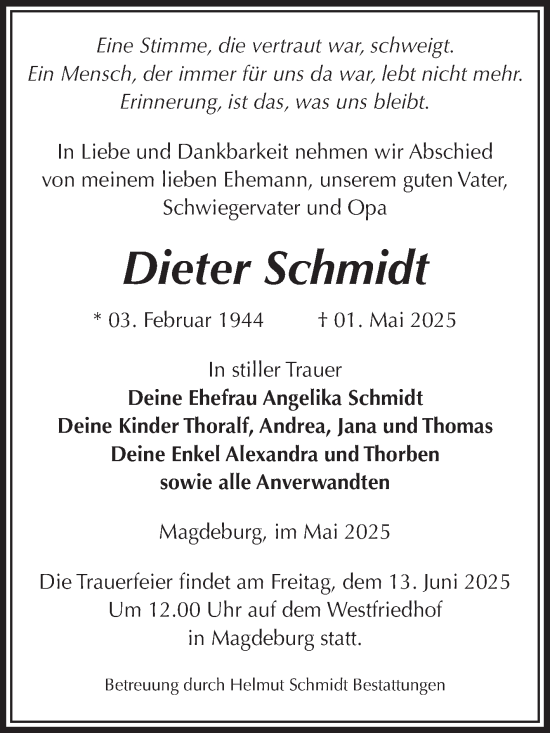 Traueranzeige von Dieter Schmidt von Volksstimme Magdeburg