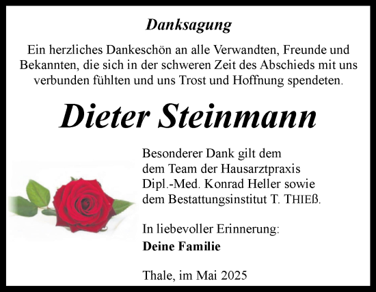 Traueranzeige von Dieter Steinmann von Trauerkombi Quedlinburg
