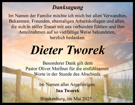 Traueranzeige von Dieter Tworek von Volksstimme Wernigerode
