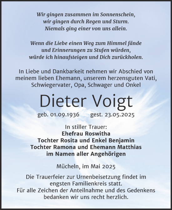 Traueranzeige von Dieter Voigt von Trauerkombi Merseburg