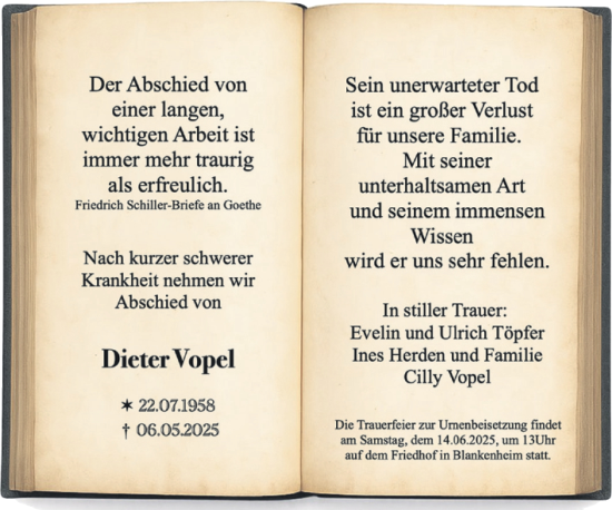 Traueranzeige von Dieter Vopel von Trauerkombi Mansfelder Land