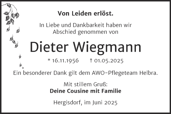 Traueranzeige von Dieter Wiegmann von Trauerkombi Mansfelder Land