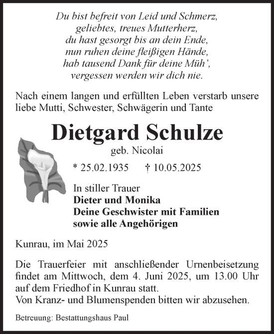 Traueranzeige von Dietgard Schulze von Volksstimme Altmark West