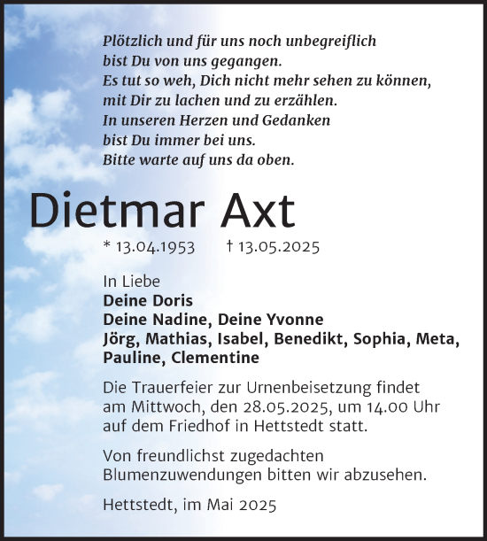 Traueranzeige von Dietmar Axt von Trauerkombi Mansfelder Land