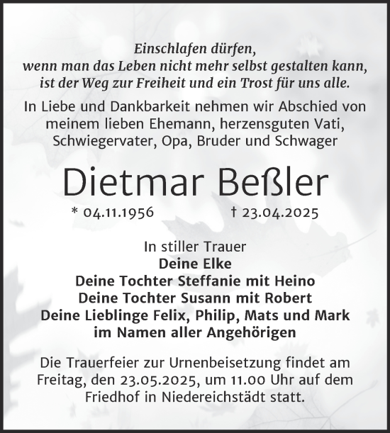 Traueranzeige von Dietmar Beßler von Trauerkombi Merseburg