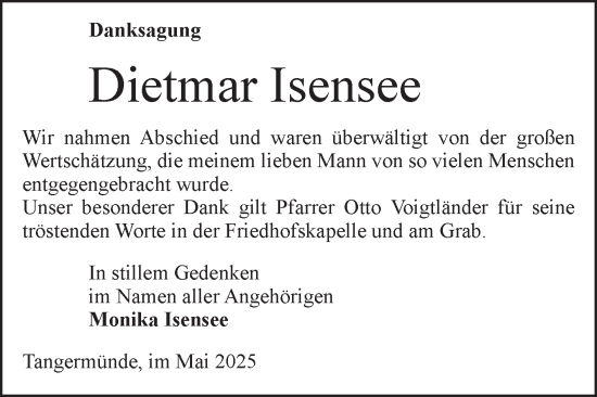 Traueranzeige von Dietmar Isensee von Volksstimme Altmark Ost