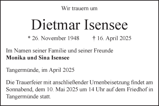 Traueranzeige von Dietmar Isensee von Volksstimme Altmark Ost
