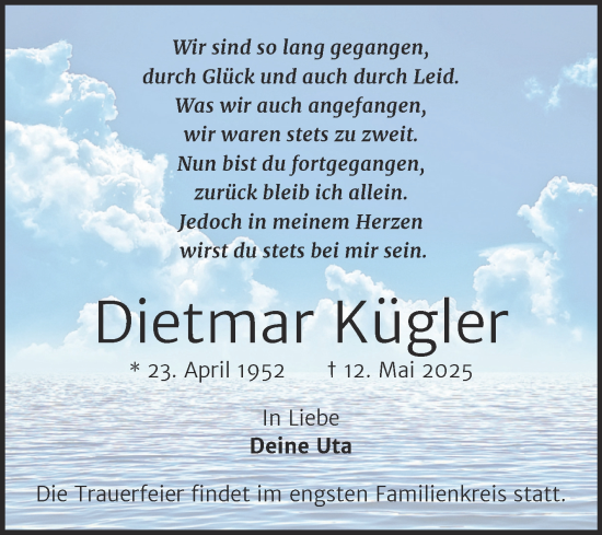 Traueranzeige von Dietmar Kügler von Trauerkombi Zeitz