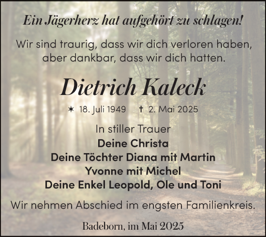 Traueranzeige von Dietrich Kaleck von Trauerkombi Quedlinburg
