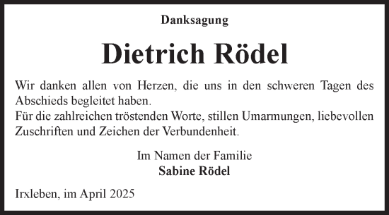 Traueranzeige von Dietrich Rödel von Volksstimme Haldensleben/Wolmirstedt