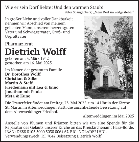 Traueranzeige von Dietrich Wolff von Volksstimme Oschersleben/Wanzleben