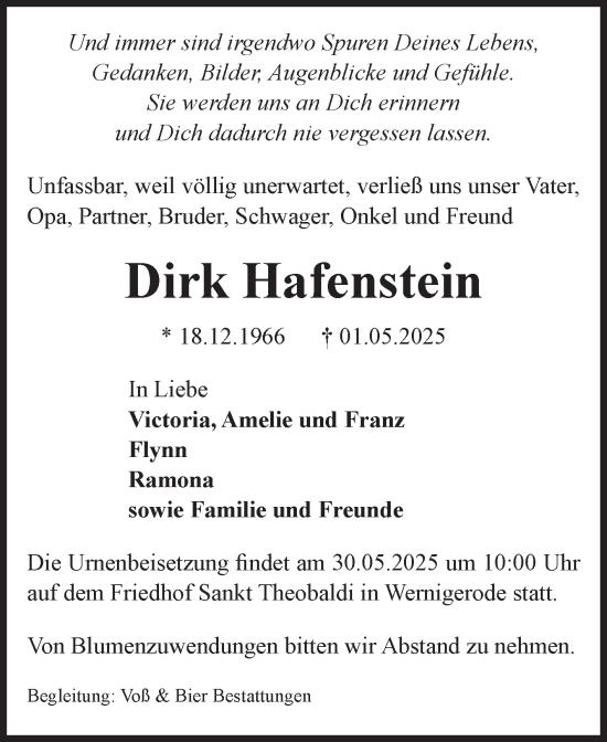 Traueranzeige von Dirk Hafenstein von Volksstimme Wernigerode