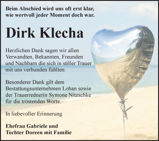 Traueranzeige von Dirk Klecha von Trauerkombi Bitterfeld