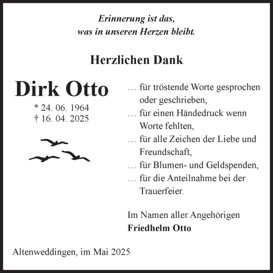 Traueranzeige von Dirk Otto von Volksstimme Oschersleben/Wanzleben