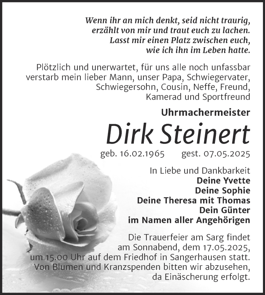  Traueranzeige für Dirk Steinert vom 14.05.2025 aus Mitteldeutsche Zeitung Sangerhausen