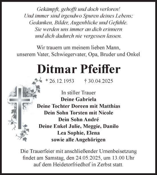 Traueranzeige von Ditmar Pfeiffer von Volksstimme Zerbst