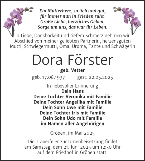 Traueranzeige von Dora Förster von Trauerkombi Weißenfels