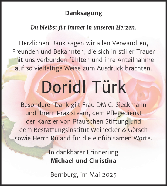 Traueranzeige von Doridl Türk von Trauerkombi Bernburg