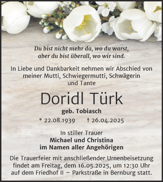Traueranzeige von Doridl Türk von Trauerkombi Bernburg