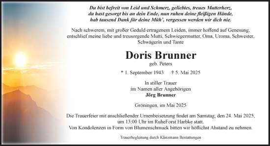 Traueranzeige von Doris Brunner von Volksstimme Oschersleben/Wanzleben