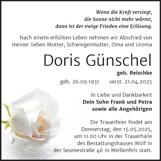 Traueranzeige von Doris Günschel von Trauerkombi Weißenfels