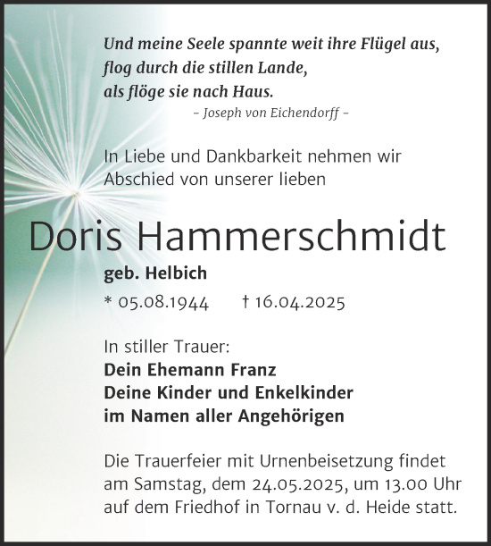Traueranzeige von Doris Hammerschmidt von Trauerkombi Bitterfeld