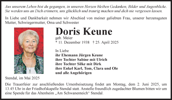 Traueranzeige von Doris Keune von Volksstimme Altmark Ost