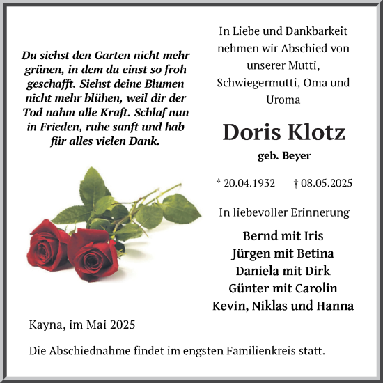 Traueranzeige von Doris Klotz von Trauerkombi Zeitz