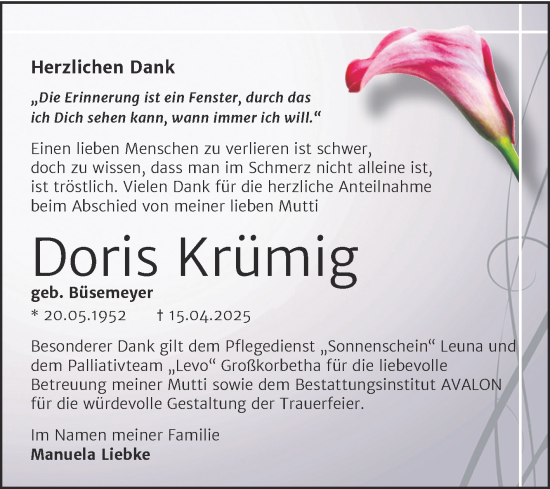 Traueranzeige von Doris Krümig von Trauerkombi Merseburg