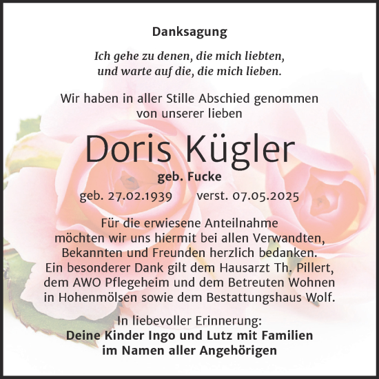 Traueranzeige von Doris Kügler von Trauerkombi Weißenfels