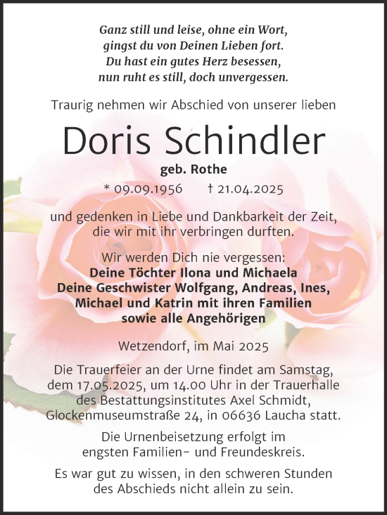Traueranzeige von Doris Schindler von Super Sonntag Naumburg/Nebra