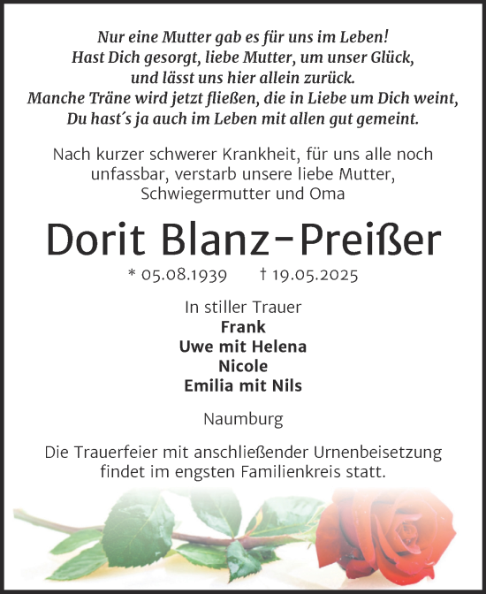 Traueranzeige von Dorit Blanz-Preißer von Super Sonntag Naumburg/Nebra