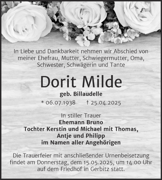 Traueranzeige von Dorit Milde von Trauerkombi Bernburg