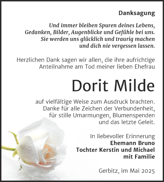 Traueranzeige von Dorit Milde von Trauerkombi Bernburg