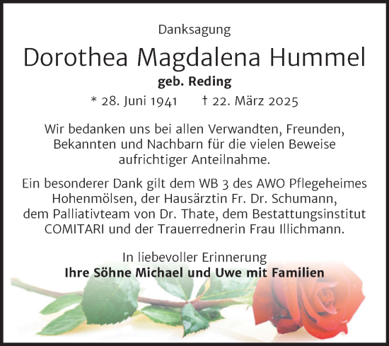 Traueranzeige von Dorothea  Hummel von Trauerkombi Weißenfels
