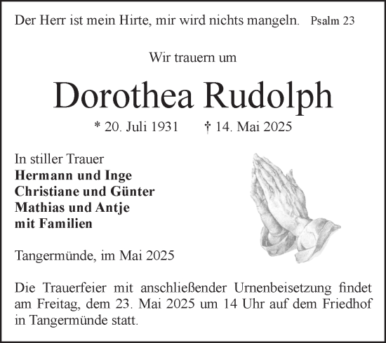 Traueranzeige von Dorothea Rudolph von Volksstimme Altmark Ost