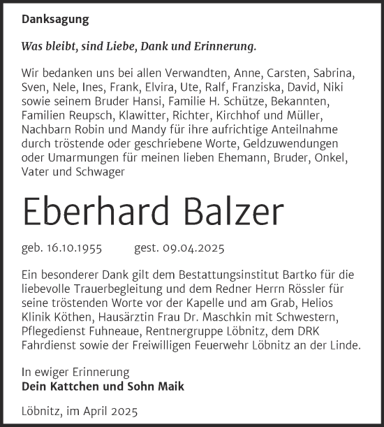 Traueranzeige von Eberhard Balzer von Trauerkombi Köthen