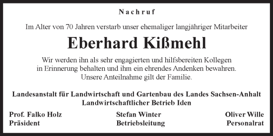 Traueranzeige von Eberhard Kißmehl von Volksstimme Altmark Ost