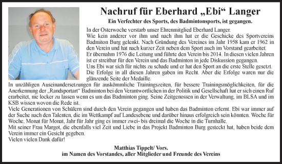 Traueranzeige von Eberhard Langer von Volksstimme Burg/Genthin