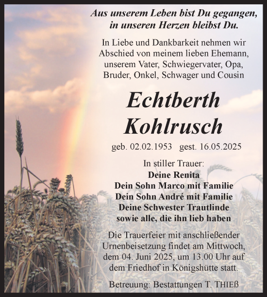Traueranzeige von Echtberth Kohlrusch von Volksstimme Wernigerode
