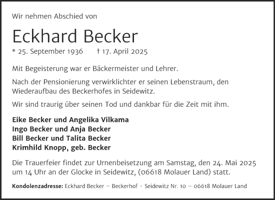 Traueranzeige von Eckhard Becker von Naumburger Tageblatt
